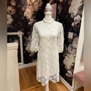 Johnny Was White Sheath Lorrie Dress with Bishop Sleeves